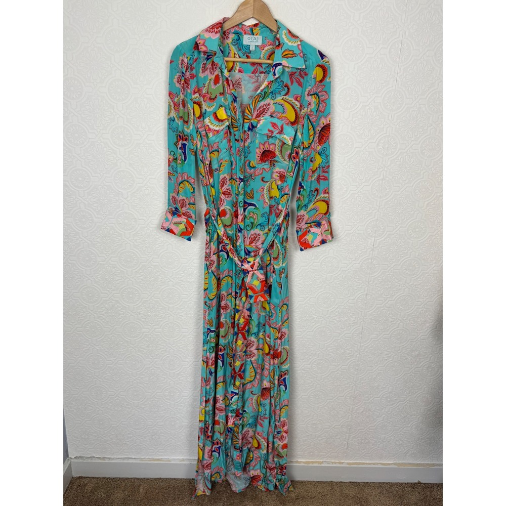 TAJ by Sabrina Crippa Turquoise Paisley Beaded Silk Like Maxi Shirt Dress Large
